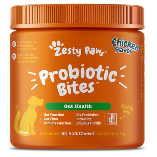Zesty Paws Probiotics for Dogs, Digestive Enzymes Gut Flora, Digestive Health, Diarrhea & Bowel Support, DE111, Dog Probiotics Soft Chew for Pet Immune System, Chicken, 90 Ct - Zesty Paws