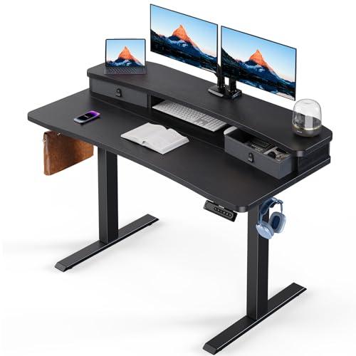 HUANUO 48″ x 24″ Electric Standing Desk with 2 Drawers, C-Clamp Mount Compatible, Height Adjustable Computer Desk, Home Office Stand Up Desk with 4 Preset Heights & 2 Hooks, Black - HUANUO