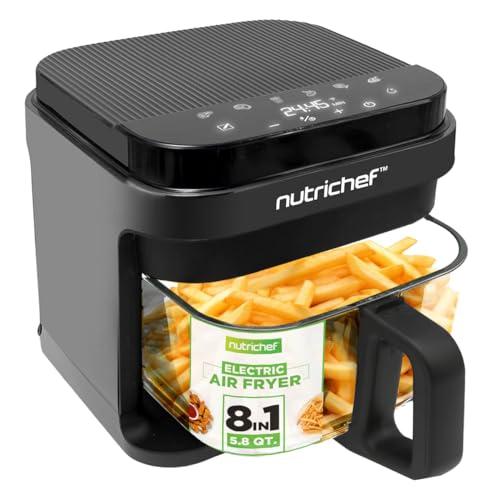 Nutrichef 5.8 Quart Air Fryer | 8-1 Preset Cook Modes | Transparent Fry Bowl for Best Cooking Results | Cook Shrimp, Steak, Fries, Wings, Chicken & More | Precise Temperature Control & Time | Grey - NutriChef