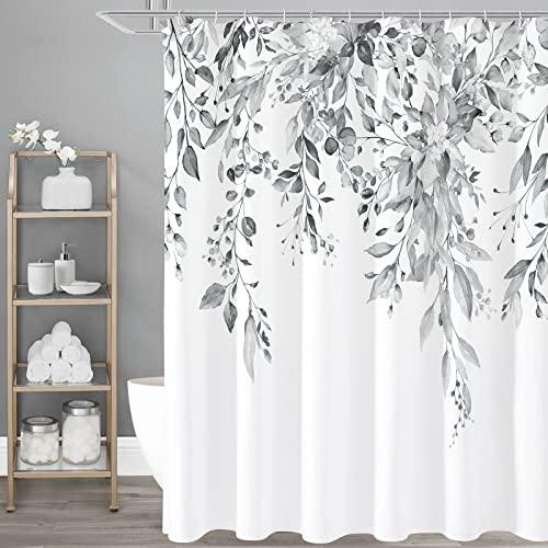 Gibelle Grey Eucalyptus Shower Curtain, Watercolor Plant Leaves with Floral Bathroom Shower Curtain Set with Hooks, Gray White, 72x72 - Gibelle