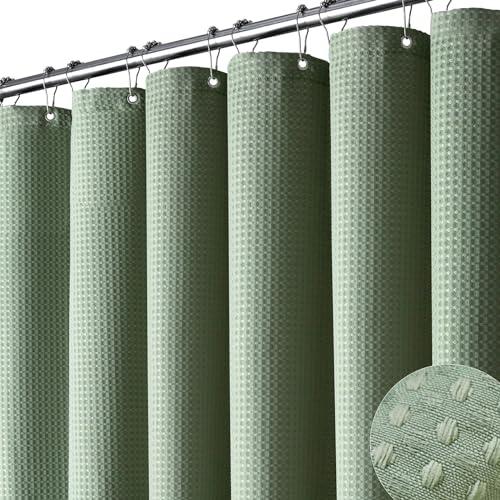 Dynamene Sage Green Shower Curtain - Waffle Textured Heavy Duty Thick Fabric Shower Curtains for Bathroom, 256GSM Luxury Weighted Polyester Cloth Bath Curtain Set with 12 Plastic Hooks,72Wx72H,Green - Dynamene