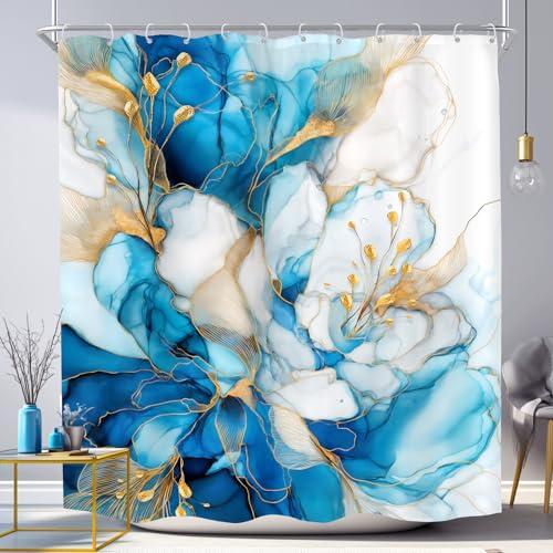 KOMLLEX Light Blue Flowers Marble Shower Curtain for Bathroom Decor 72Wx72H Inches Navy Blue White Abstract Modern Yellow Floral Luxury Minimalist Fabric Waterproof Polyester 12 Pack Hooks - KOMLLEX